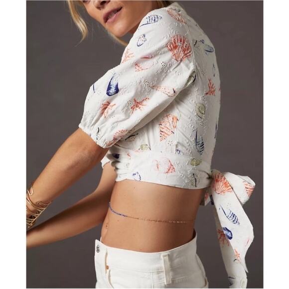 Anthropologie Maeve White Eyelet Seashell Collared Wrap V Neck Shirt Medium - Picture 15 of 16